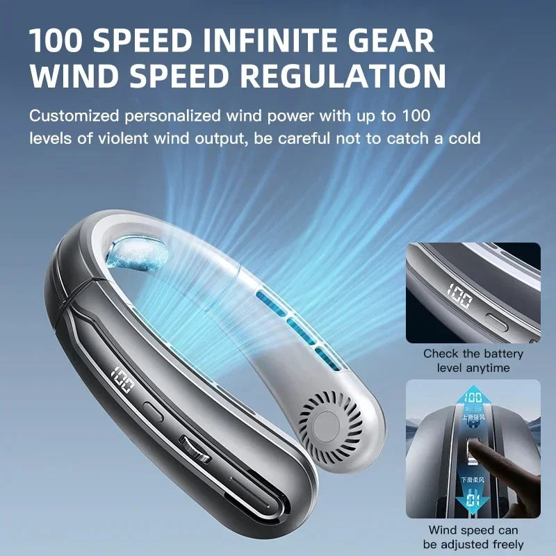 MyHeadcool 8000mAh USB Hanging Neck Fan Portable Bladeless Mini Rechargeable Mute LED Digital Display Electric Air Cooler Handheld