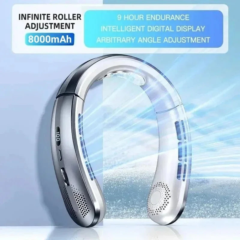MyHeadcool 8000mAh USB Hanging Neck Fan Portable Bladeless Mini Rechargeable Mute LED Digital Display Electric Air Cooler Handheld