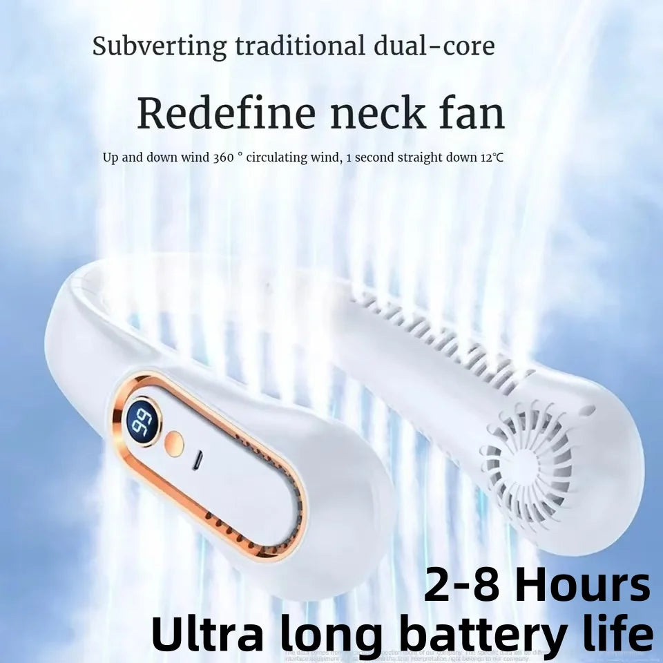 MyHeadcool 8000mAh USB Hanging Neck Fan Portable Bladeless Mini Rechargeable Mute LED Digital Display Electric Air Cooler Handheld