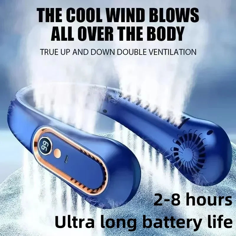 MyHeadcool 8000mAh USB Hanging Neck Fan Portable Bladeless Mini Rechargeable Mute LED Digital Display Electric Air Cooler Handheld
