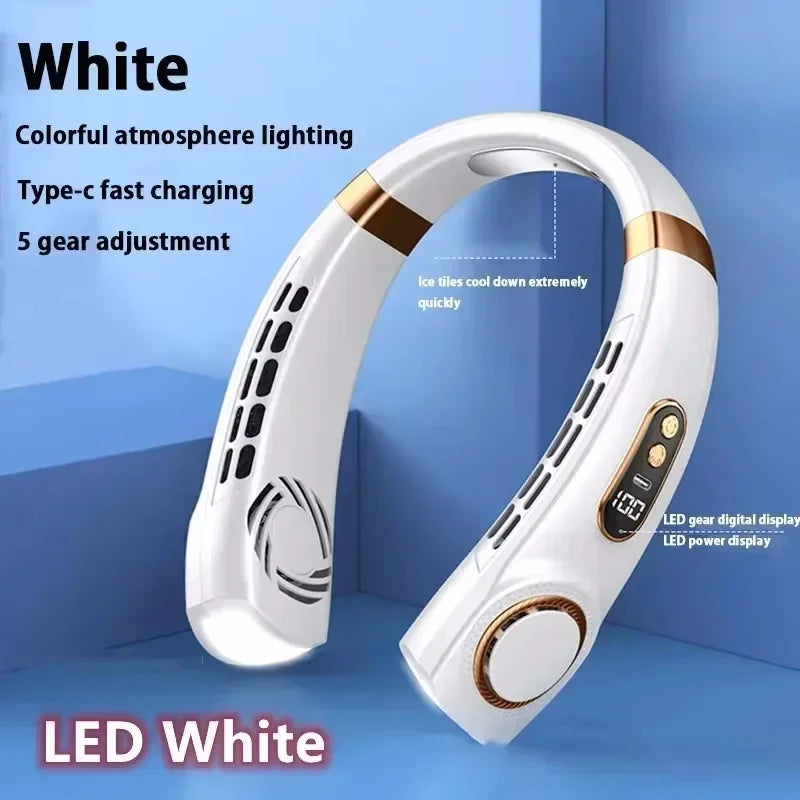 MyHeadcool 8000mAh USB Hanging Neck Fan Portable Bladeless Mini Rechargeable Mute LED Digital Display Electric Air Cooler Handheld